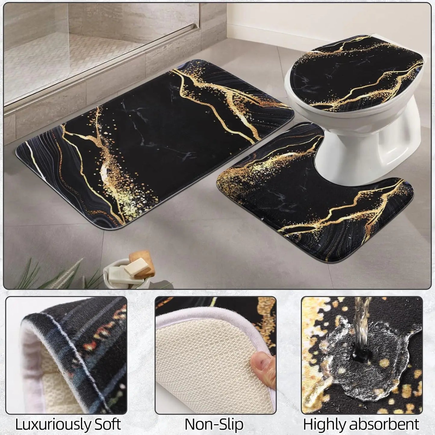 Black and Gold Waterproof Shower Curtain Set w/Non-Slip Rugs