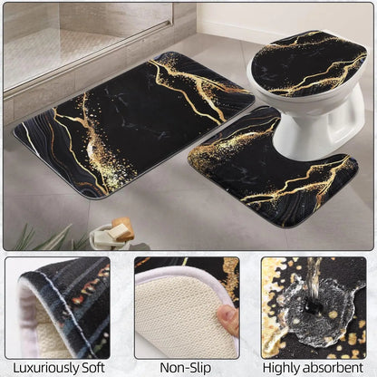Black and Gold Waterproof Shower Curtain Set w/Non-Slip Rugs