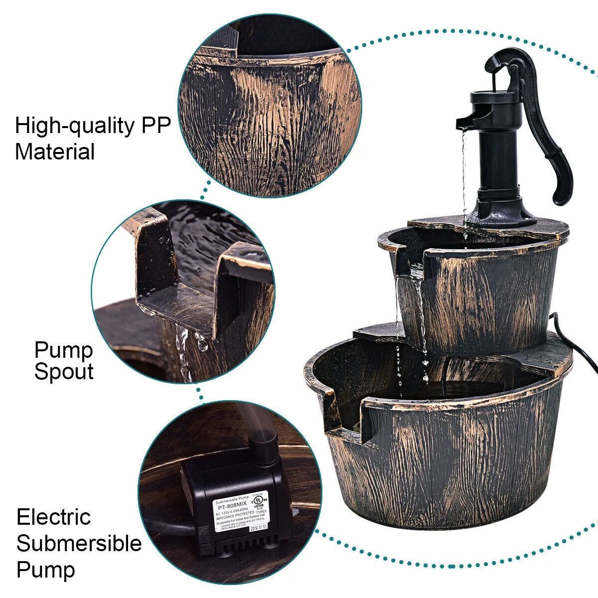 Rustic 2 Tier Barrel Waterfall Fountain with Pump