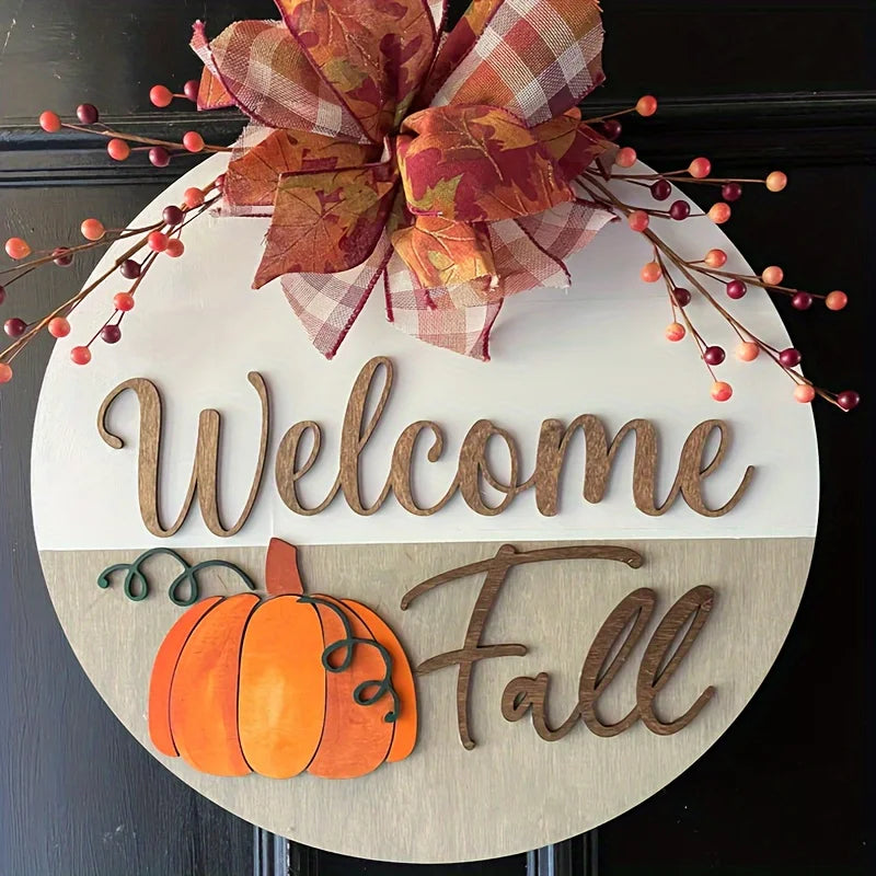 Autumn Pumpkin Round Wooden Front Door Decor with Bow
