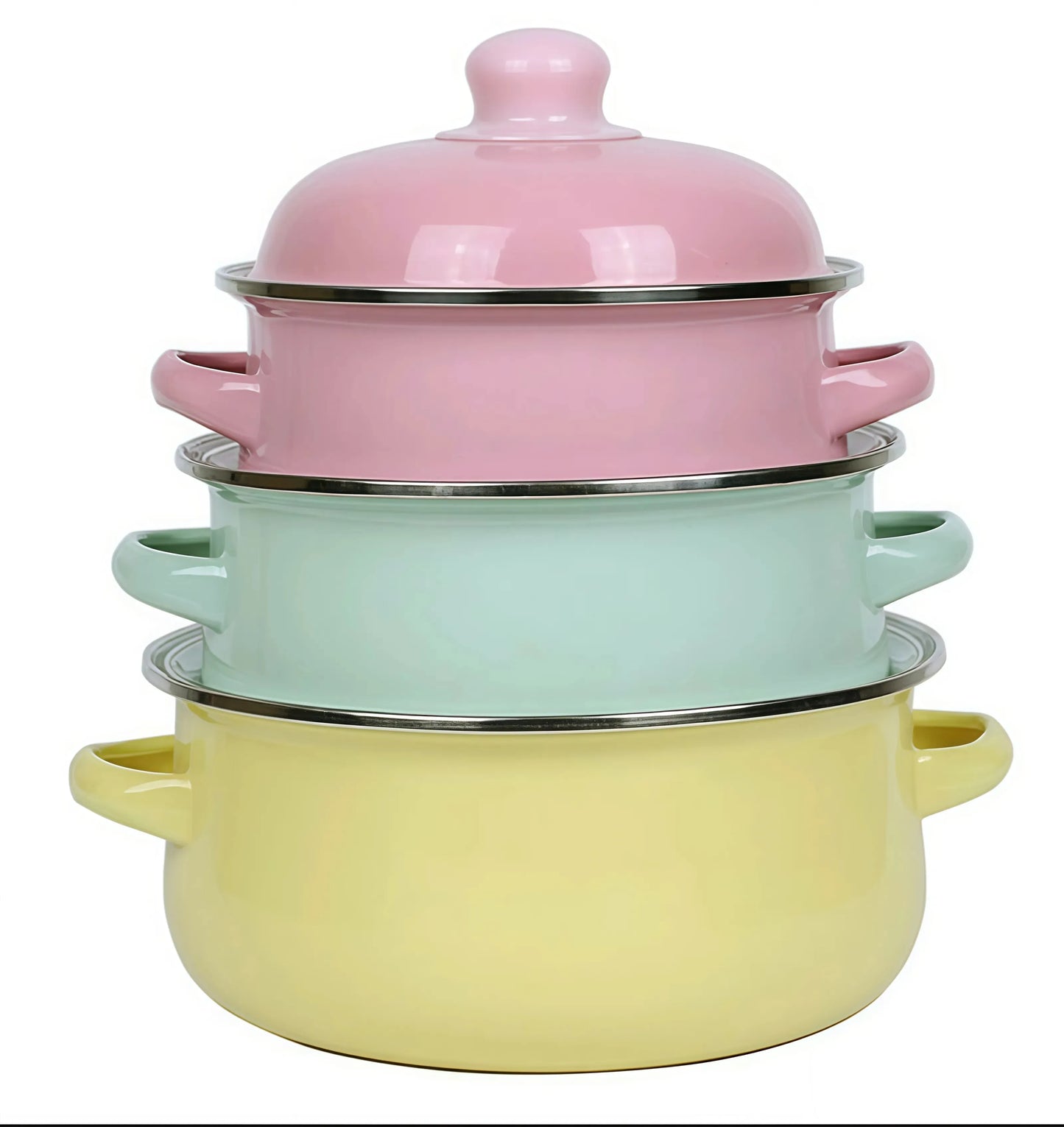 Retro 3pc Flat Bottom Vintage Enamel Stock Pot Set w/Lid, 34oz/51oz/68oz