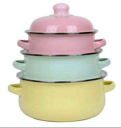 Retro 3pc Flat Bottom Vintage Enamel Stock Pot Set w/Lid, 34oz/51oz/68oz