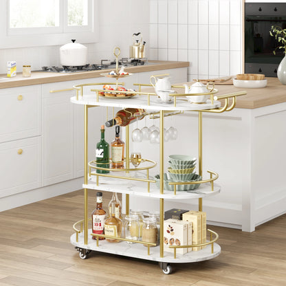 Mobile Bar Cart w/4-Tiers Storage Shelves, Gold