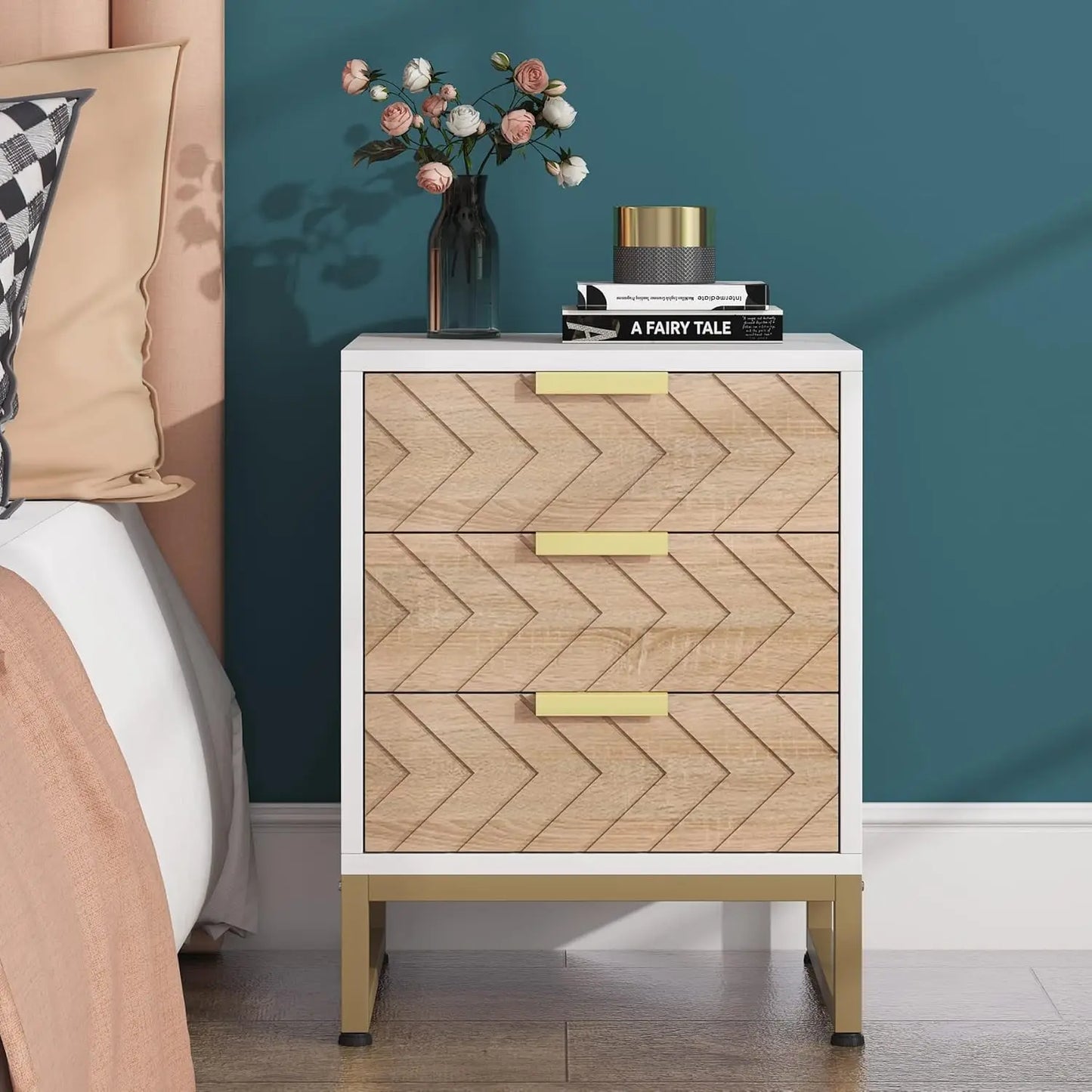 3 Drawers Nightstand w/Unique Chevron Design