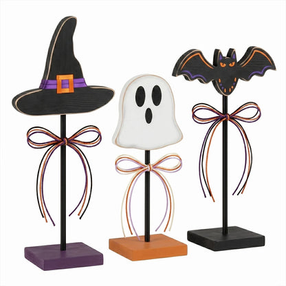Halloween 3pc Assorted Ornaments Set, Wooden Tabletop, Witch Hat, Ghost, Bat with Ribbon