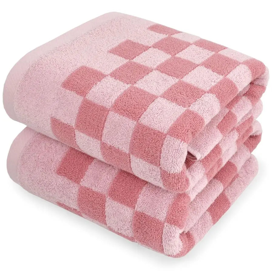 (2) 27"x55" Pink Checkered Soft Towels for Bathroom, Beach, Pool