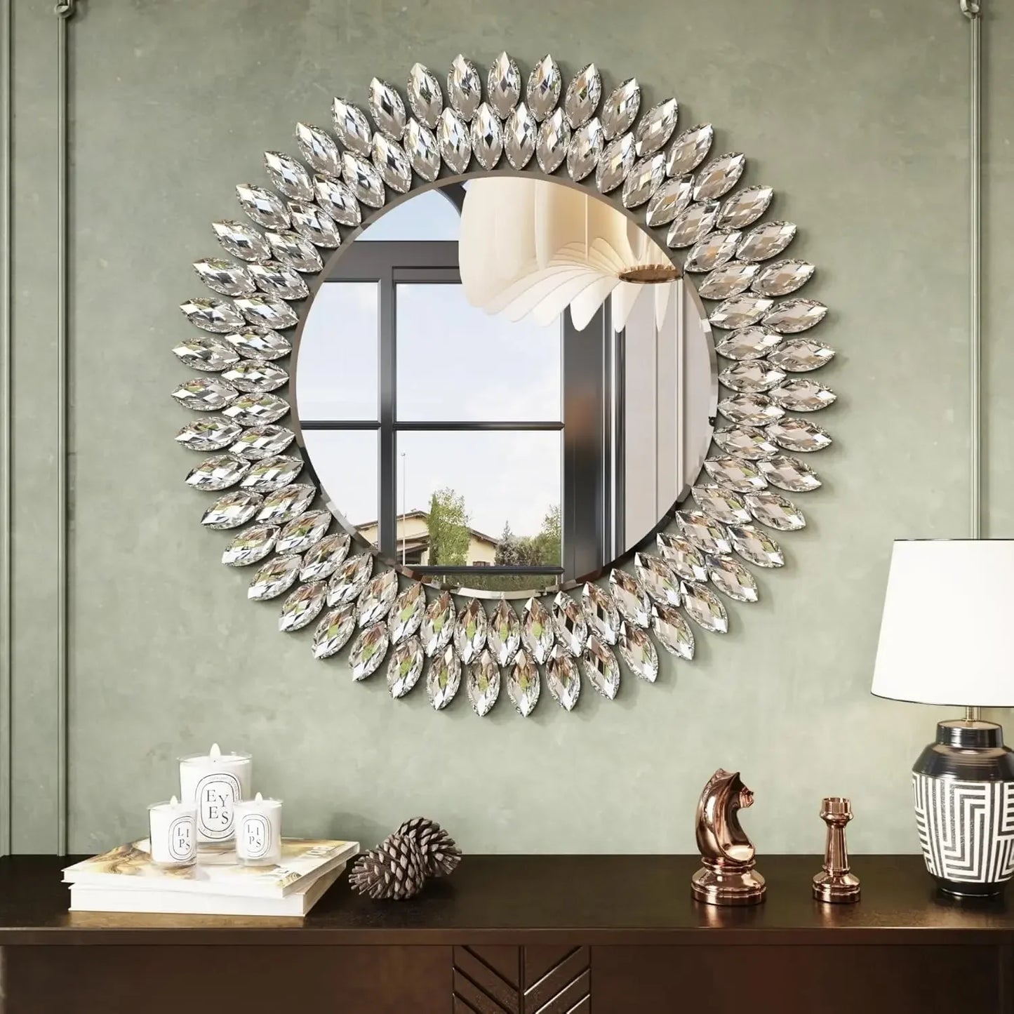 26" Round, Beveled Diamond Jeweled Mirror