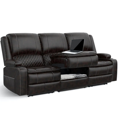 PU Leather Recliner Sofa w/Console, Cup Holders, USB Ports,