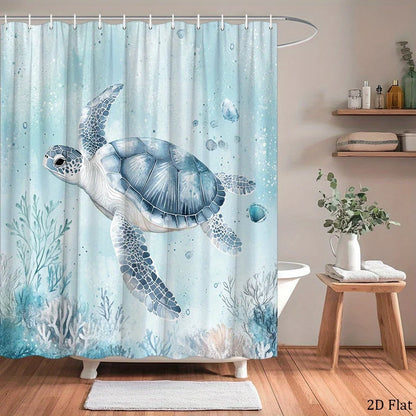 Sea Turtle Shower Curtain Blue Grey Coral Reef Underwater Design Polyester Fabric 12 Hooks Machine Washable Air Dry Modern Bathroom Decor Smooth Texture Turtle Theme Bathroom Curtain Waterproof Bath Curtain Ocean Style Bathro
