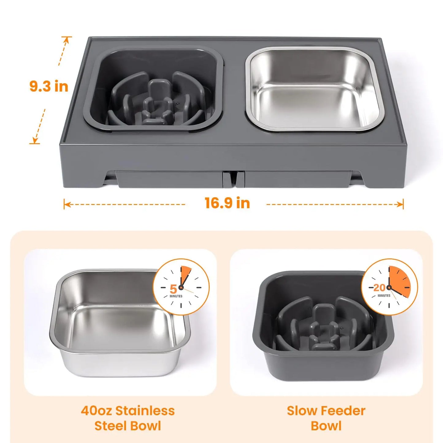 2:1 Adjustable Pet Feeder Bowls, Non-Slip, Stainless Steel, Plastic