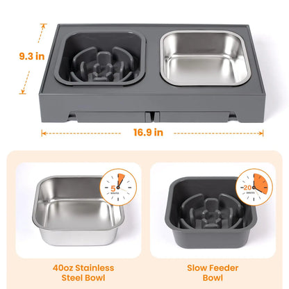2:1 Adjustable Pet Feeder Bowls, Non-Slip, Stainless Steel, Plastic