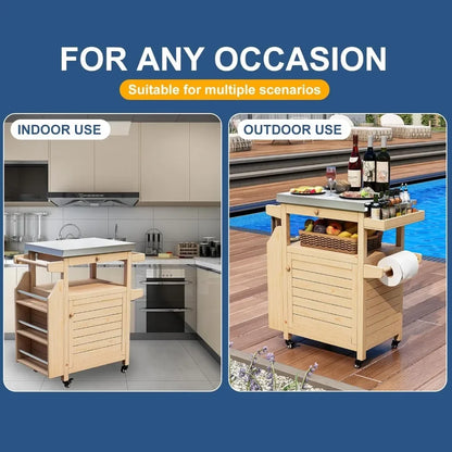 Stainless-Steel Outdoor BBQ Grill Table w/Storage, Wheels