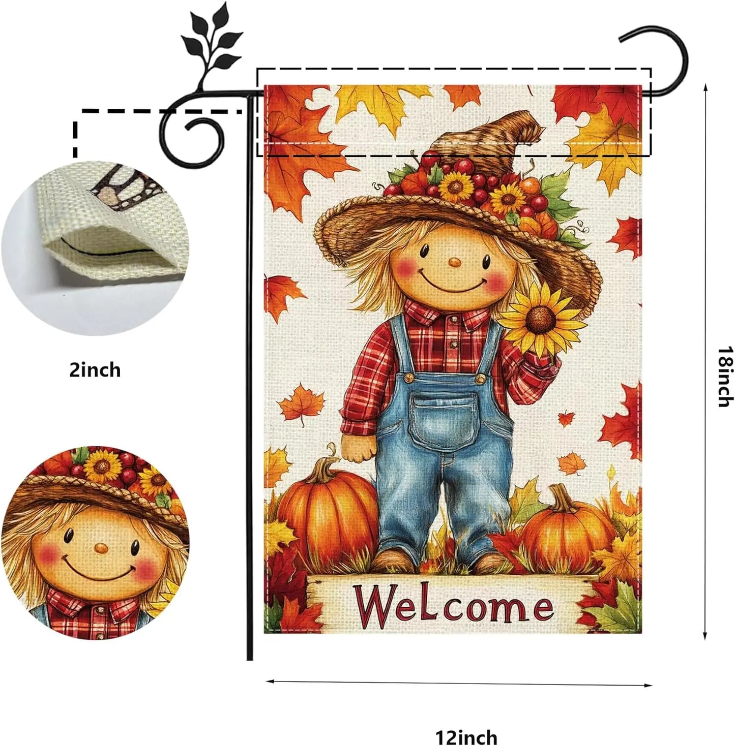 Fall Pumpkin Scarecrow Garden Flag, 12"x18" Double Sided Burlap