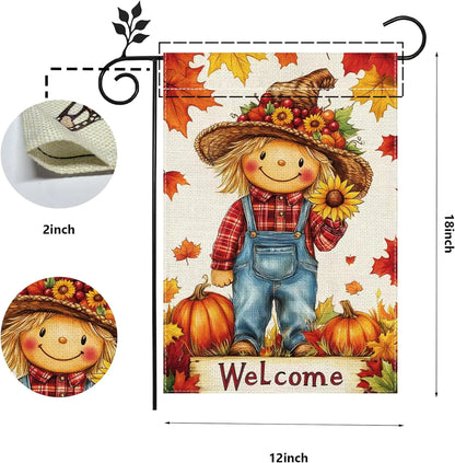 Fall Pumpkin Scarecrow Garden Flag, 12"x18" Double Sided Burlap
