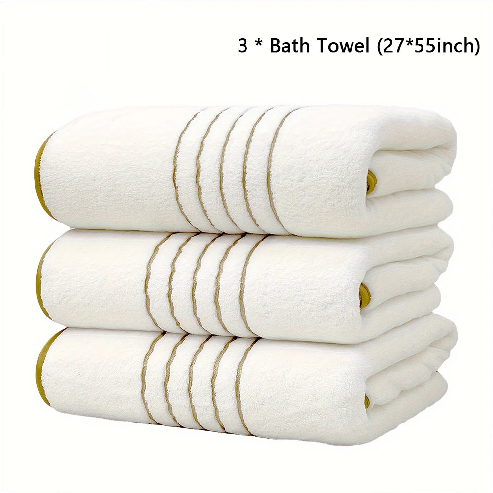 2/3/6/8 Pcs Bath Towel Set White & Gray with Gold Accents