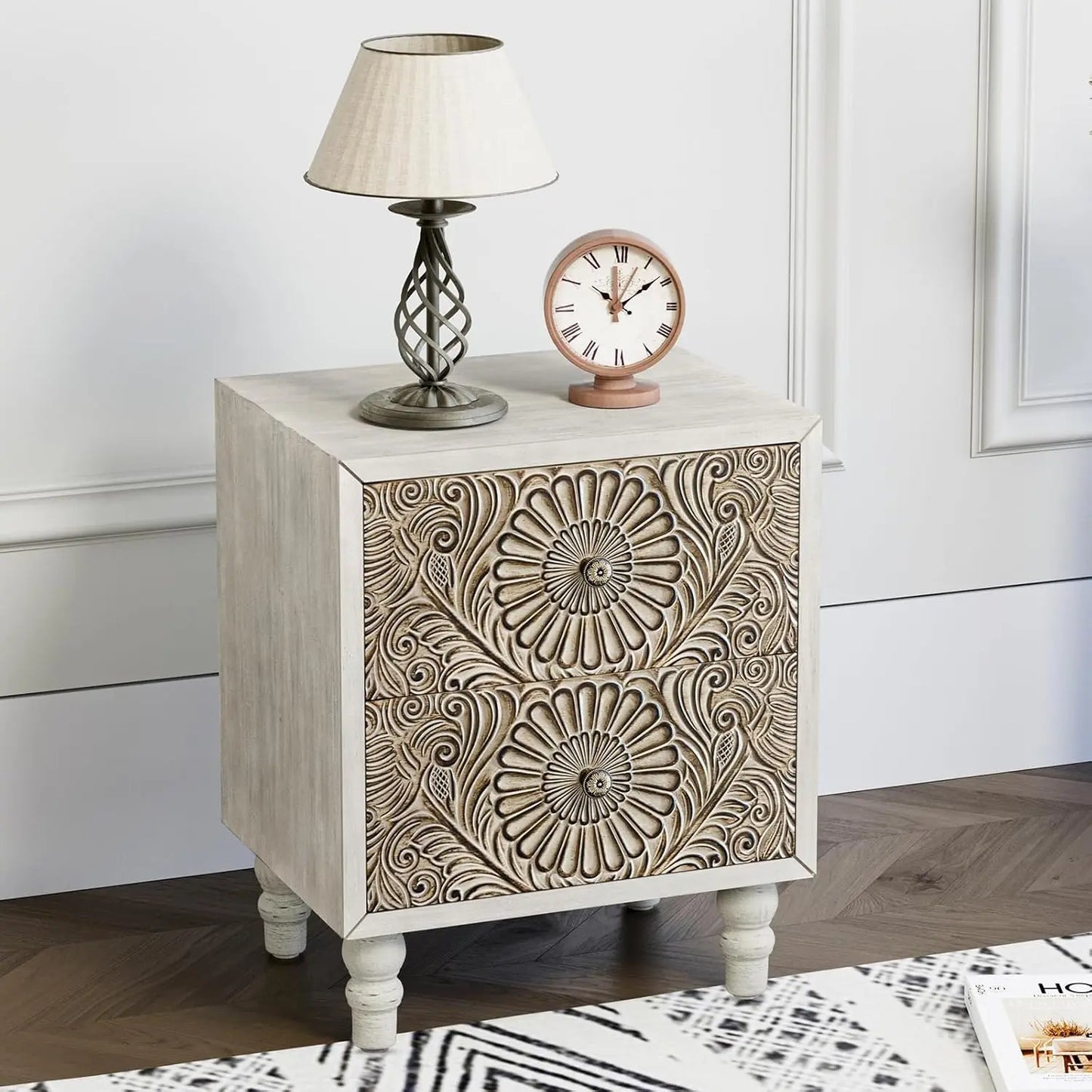 Flower Motif Nightstand w/Drawer & Storage, Fully-Assembled