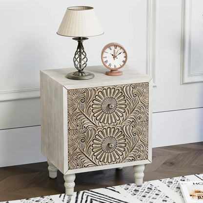 Flower Motif Nightstand w/Drawer & Storage, Fully-Assembled