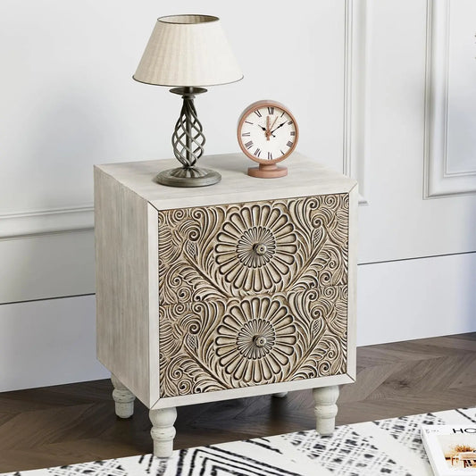 Flower Motif Nightstand w/Drawer & Storage, Fully-Assembled