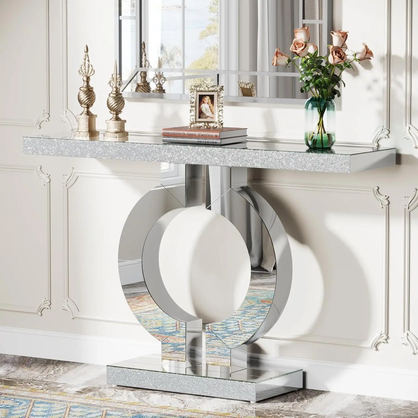 Mirrored Console Table with O-Shaped Base, Rectangle Accent Table