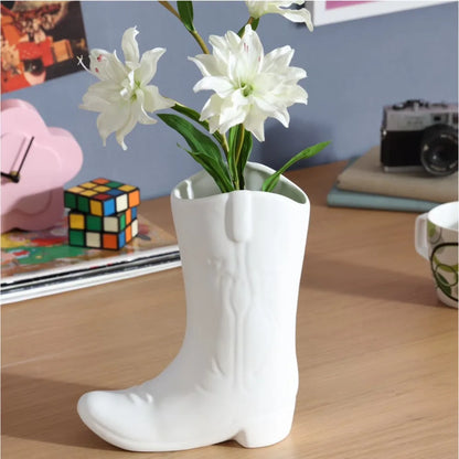 White Ceramic Cowboy Boot Planter Pot, Flower Vase for Succulents