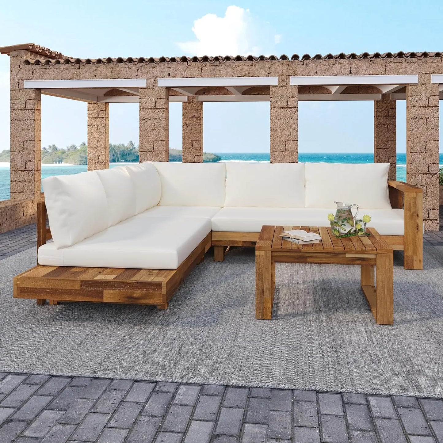 4 pc Acacia Wood Outdoor Sectional Slatted Sofa Set w/Cushions