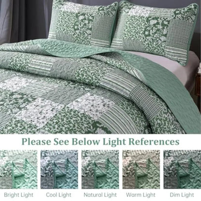 3pc Plaid Floral Bedspread Set Patchwork Reversible Bedding
