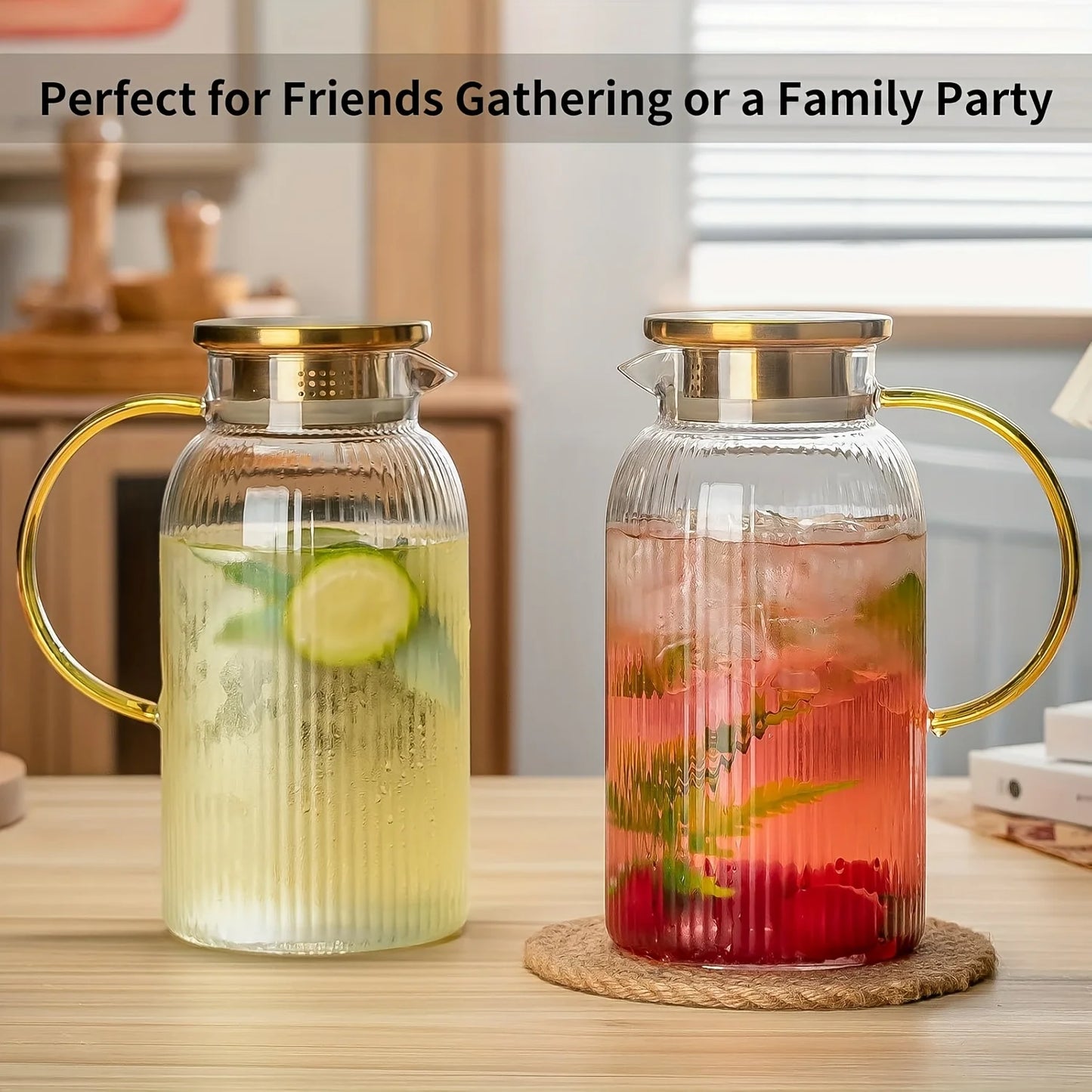 2/4pk Glass Pitcher 68 Oz/2 Liter Classic Vertical Stripes w/Lid