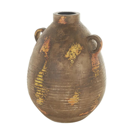 15" Grooved Antique Style Distressed Brown Ceramic Vase w/Handles
