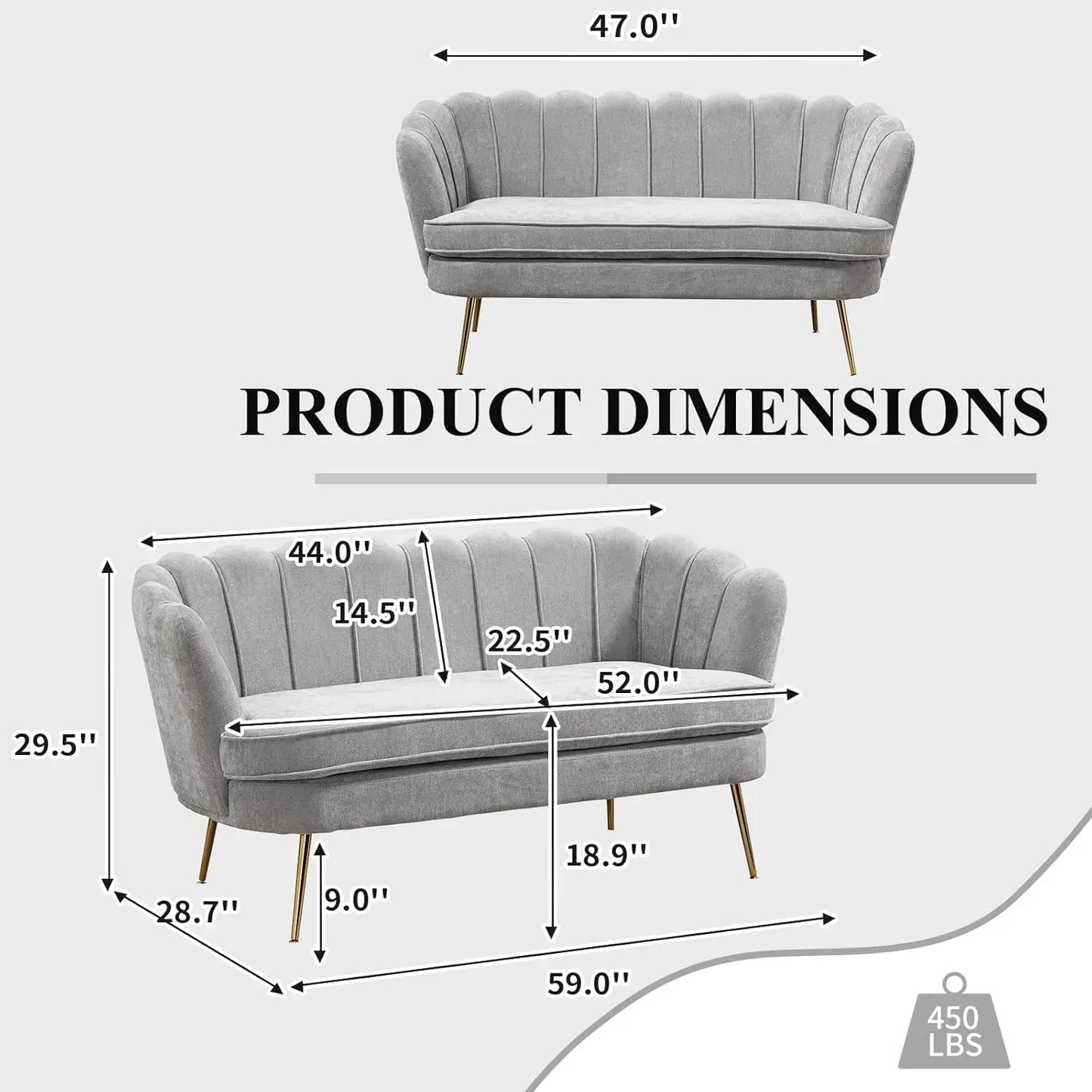 59" Upholstered Loveseat, Mini Sofa w/Gold Metal Legs