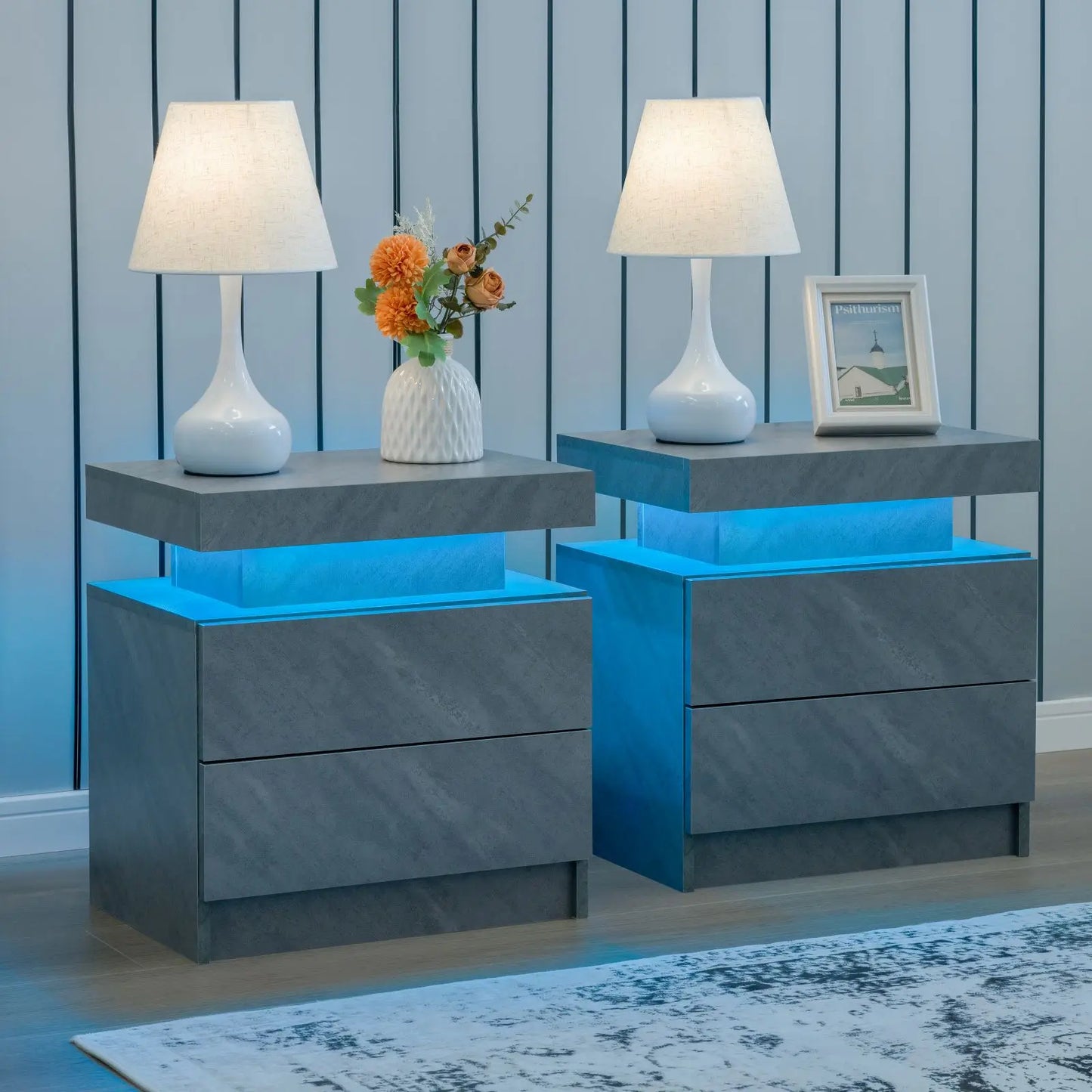 Set (2) LED Bedside Nightstand with 2 Drawers