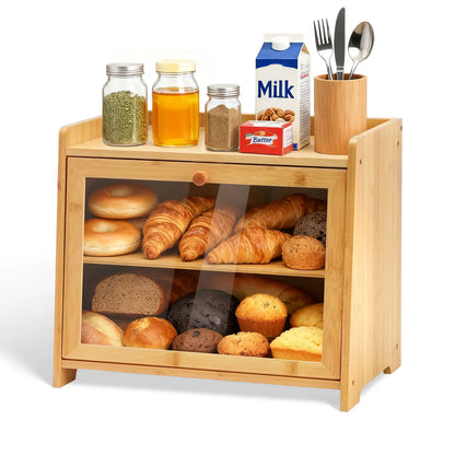 Bamboo Bread Box for Kitchen Countertop (Natural), Double Layer with Window