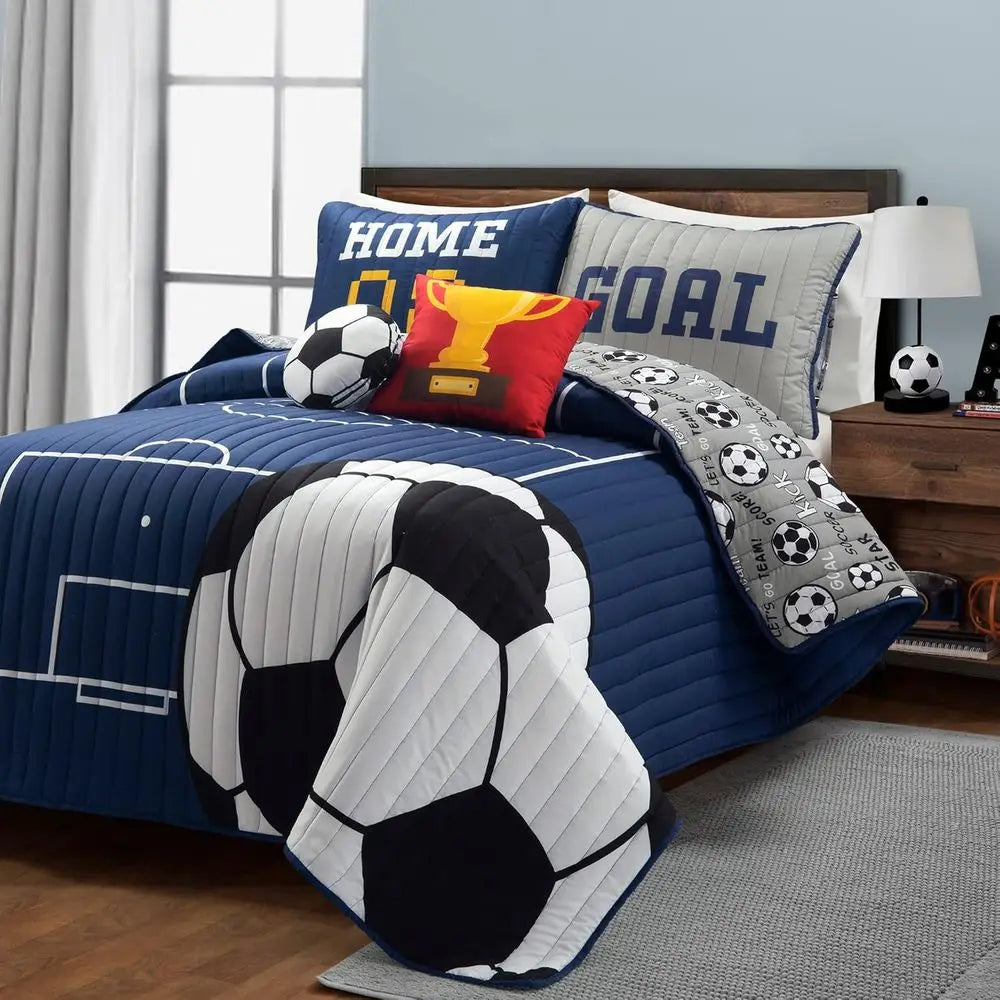 Navy & Gray Soccer Themed Reversible Quilt Set, 4-Piece