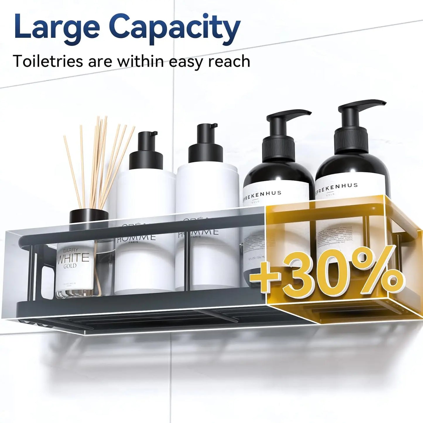 Large Adhesive Shower Caddy, Rustproof Shelves w/Hooks