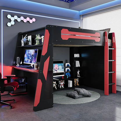 Full Wood Gaming Loft, Bed, Desk, Storage Shelves, LED, Charging