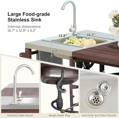 75.4" Outdoor Stainless Top Kitchen Island w/Sink, Rolling BBQ Cart