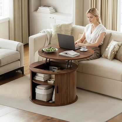 Fluted Round Lift Top Coffee Table w/Hidden Storage, Shelves