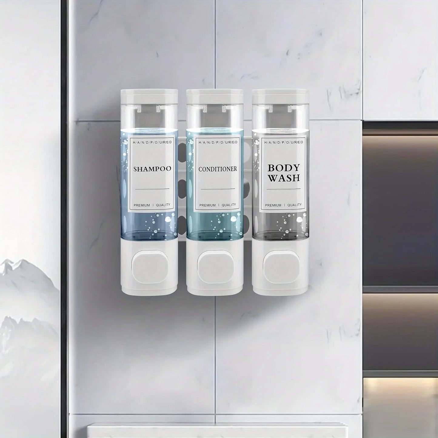 Wall-Mounted 3-in-1 Shampoo, Conditioner, Soap Dispenser, No Drilling