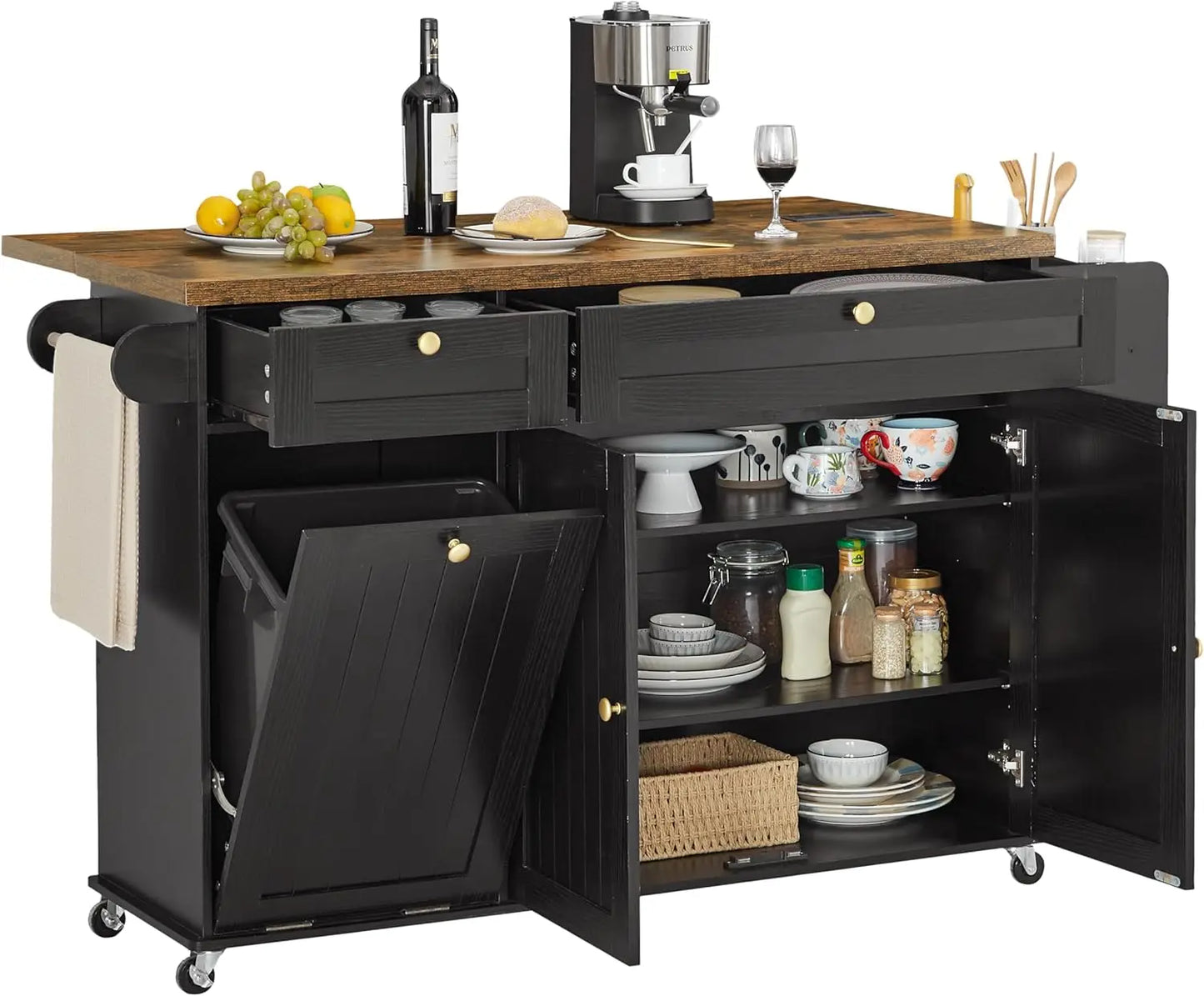 60" Rolling Kitchen Island Table, Drop Leaf w/Power Outlet