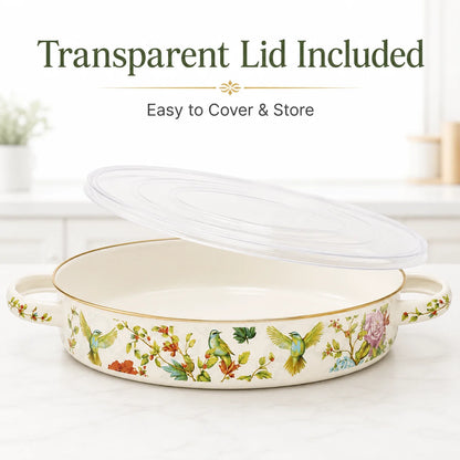 11 Inch Enamel Pie Pan Vintage Floral Non-Stick Baking Dish w/Lid
