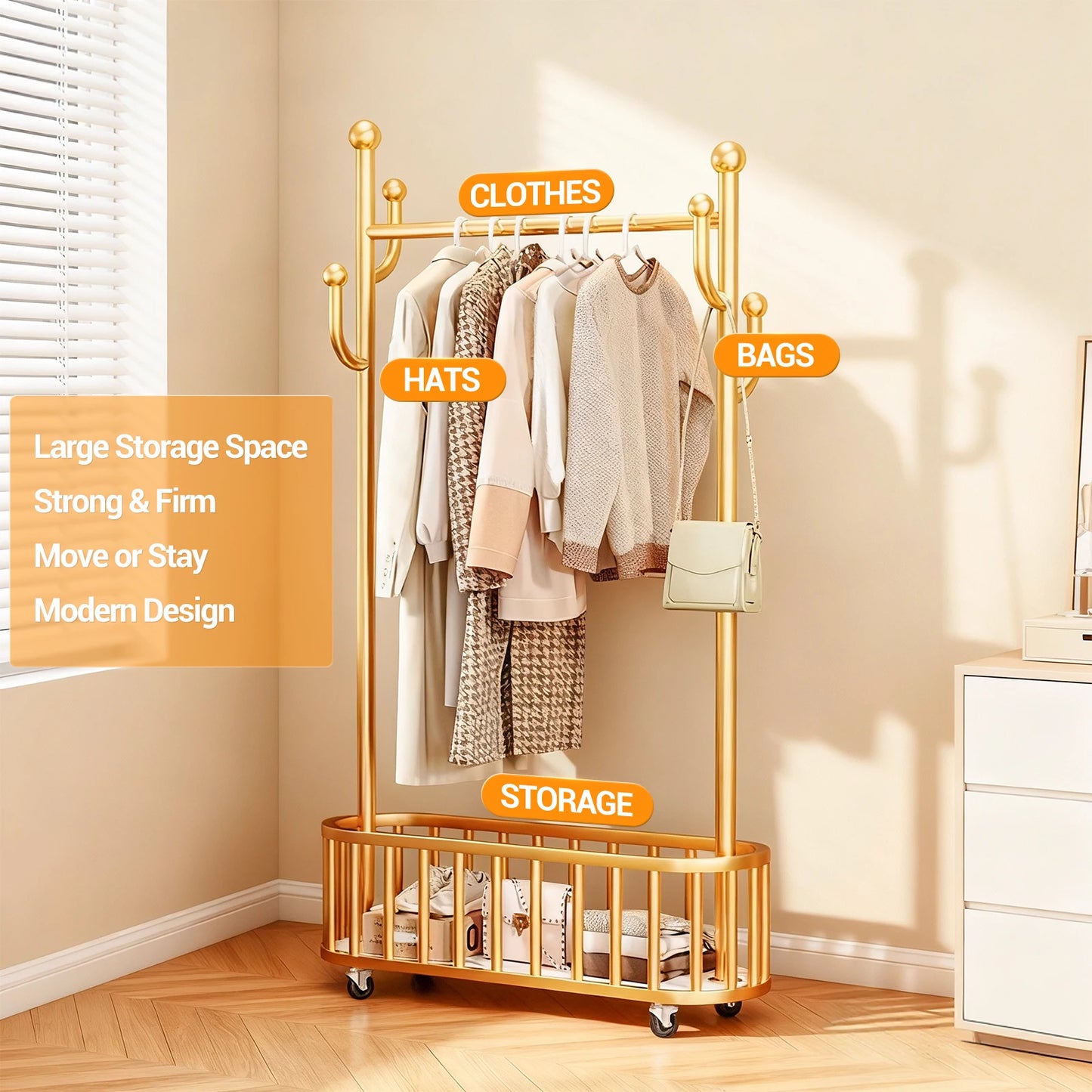 Movable Clothes Rail, Hanging Coat Rack with Storage Basket