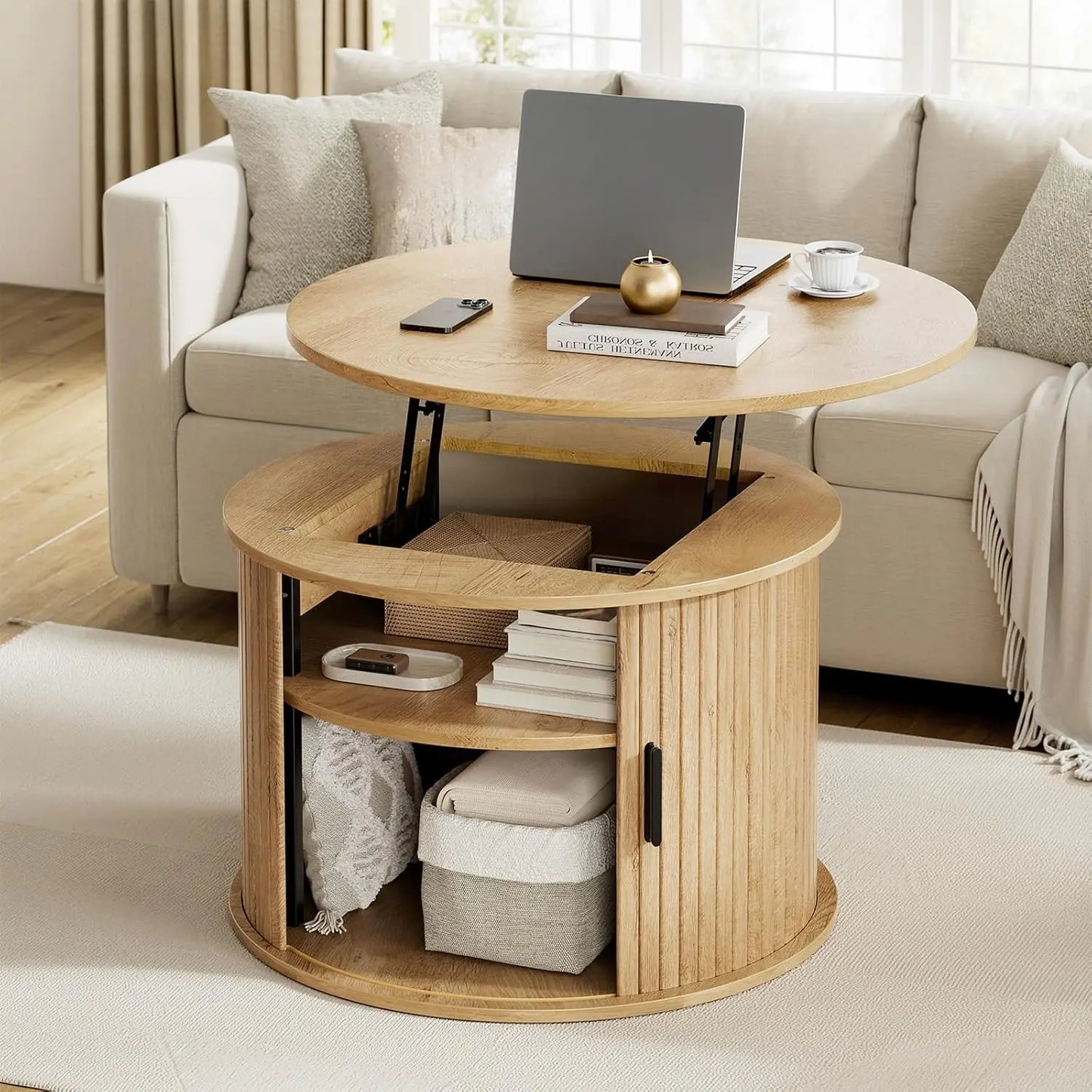 Fluted Round Lift Top Coffee Table w/Hidden Storage, Shelves