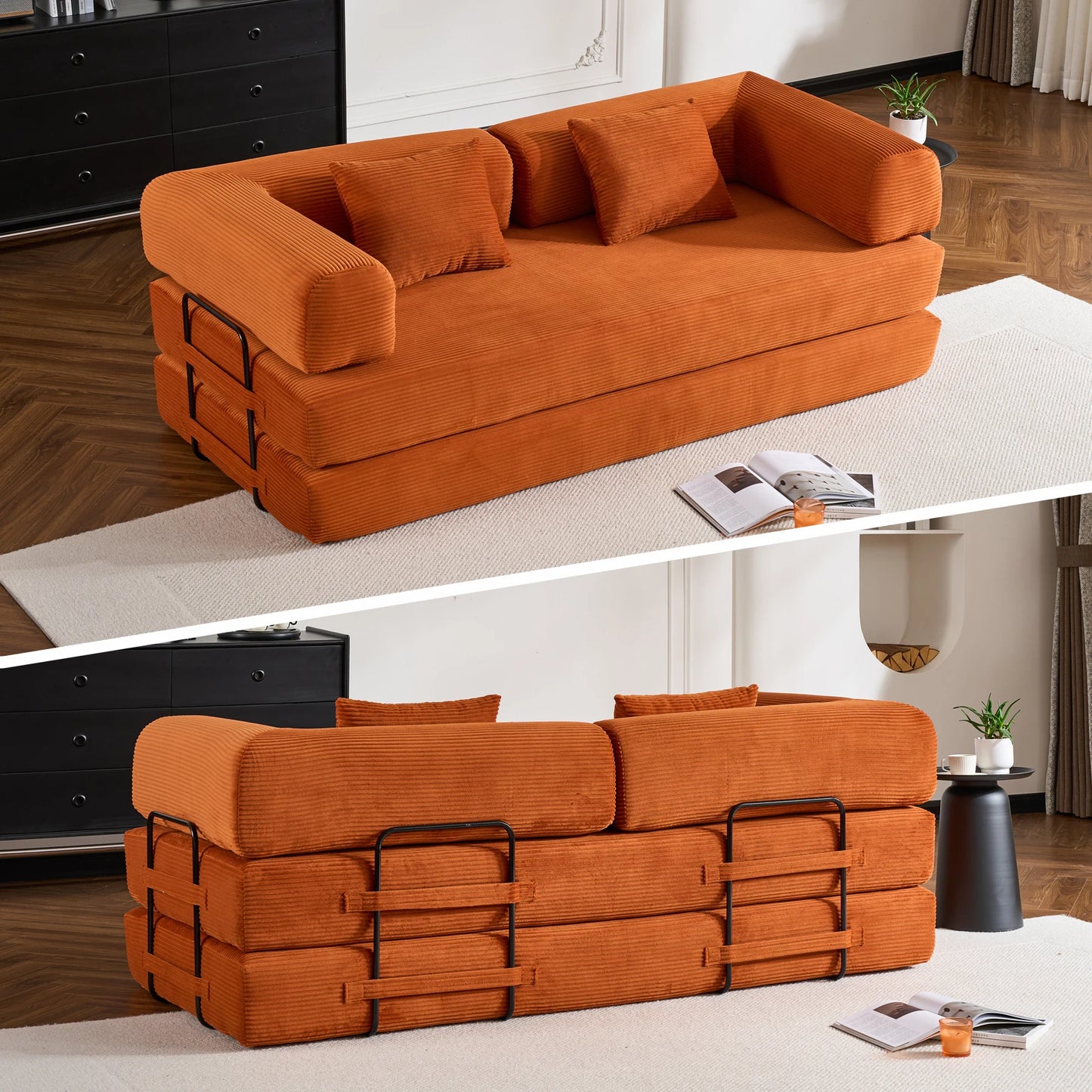 79" Folding Convertible Sofa Bed, Oversized Corduroy Futon, Boneless Loveseat