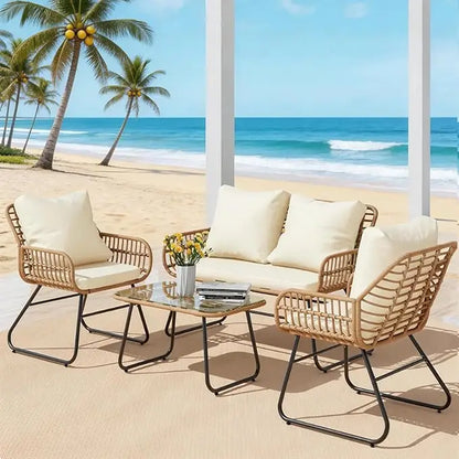 4pc Wicker Outdoor Furniture Set w/Cushions & Tempered Glass Table