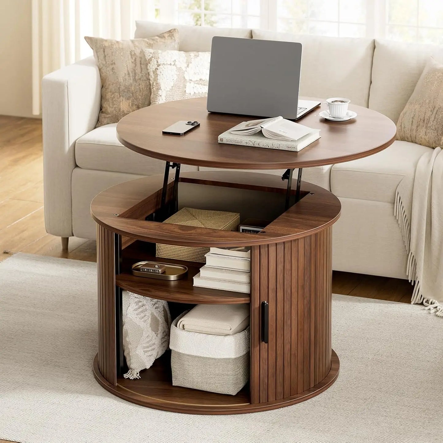 Fluted Round Lift Top Coffee Table w/Hidden Storage, Shelves