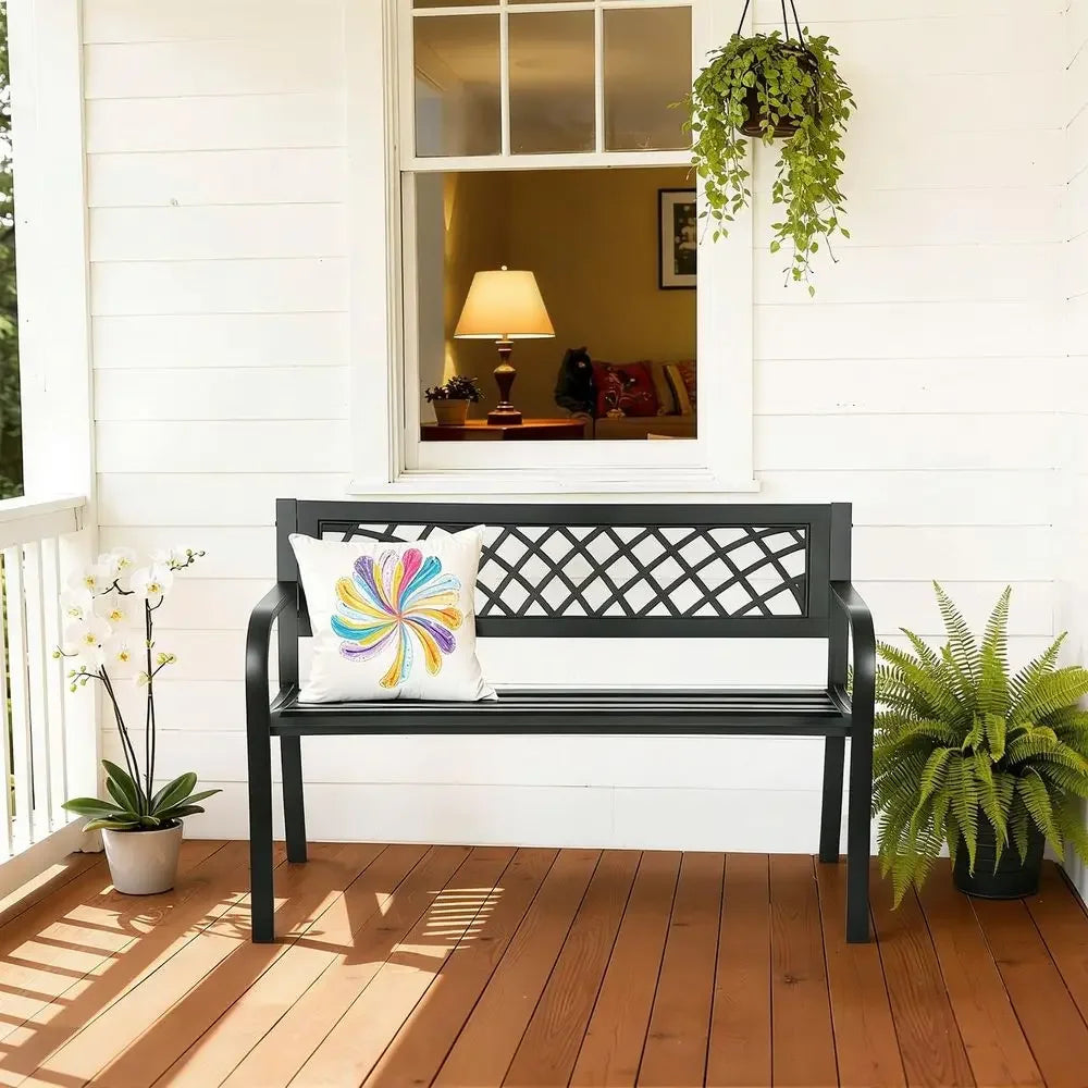 Black Steel Patio Bench w/Mesh and Plastic Backrest