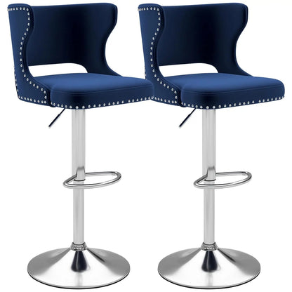 Set (2) Velvet Upholstered, Adjustable, Swivel, Curved Back Barstool