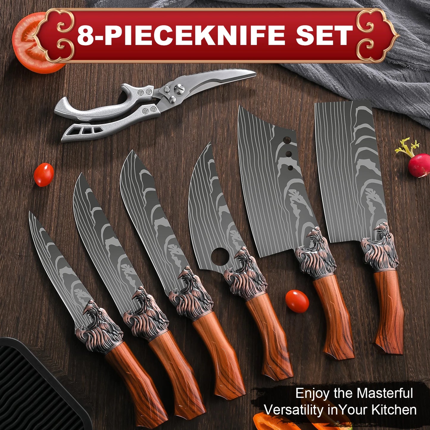 Stainless Steel Kitchen Knife Set, w/Block, Non-Slip Ergonomic Handle