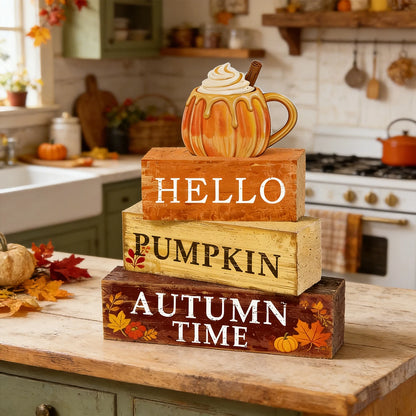 4pc Stackable Thanksgiving Rustic Farmhouse Wooden Sign Blocks