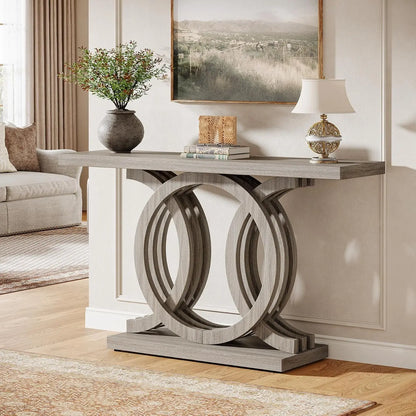 Modern 55"Console Table w/Geometric Wood Base, Modern