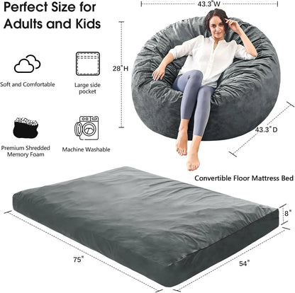 Convertible Bean Bag Chair to Bed, Microfiber Cover w/Foam Filler